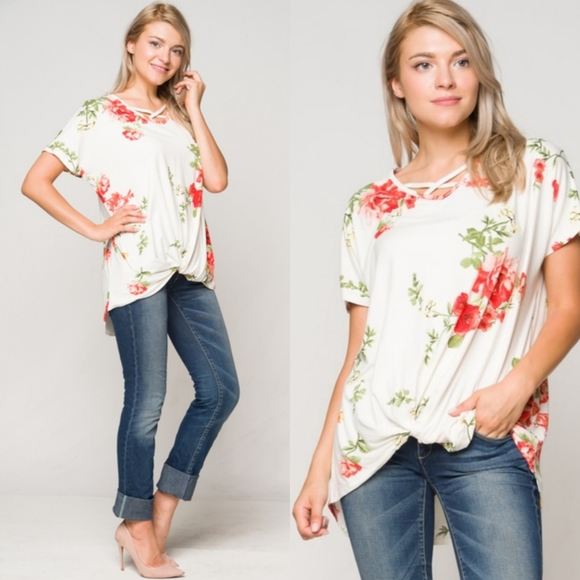 ❤Floral Knot Front Short Sleeve Tunic Top - Picture 2 of 3